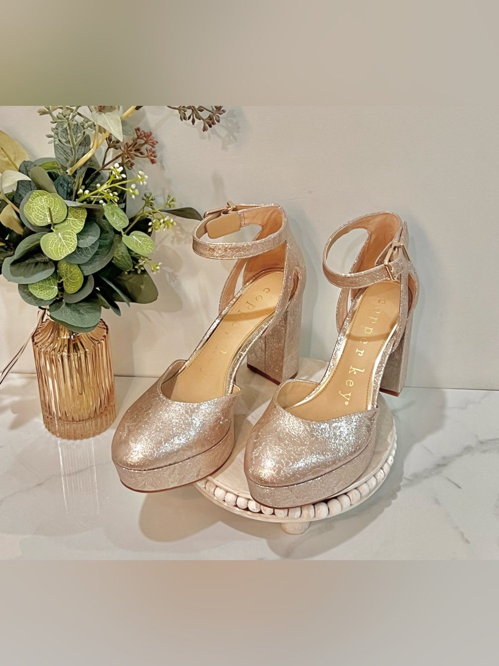 Copper Key Women's Metallic Platform Ankle-Strap Pumps size 6.5
